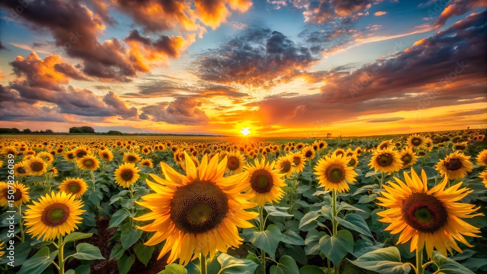 Obraz premium An expansive field of sunflowers glows under a vibrant sunset sky. 