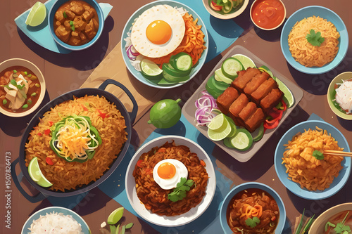 Wallpaper Mural Top view of colorful Southeast Asian dishes with rice, noodles, eggs, meat, vegetables, and lime on wooden table. Traditional Asian food presentation, vibrant and appetizing style. Torontodigital.ca