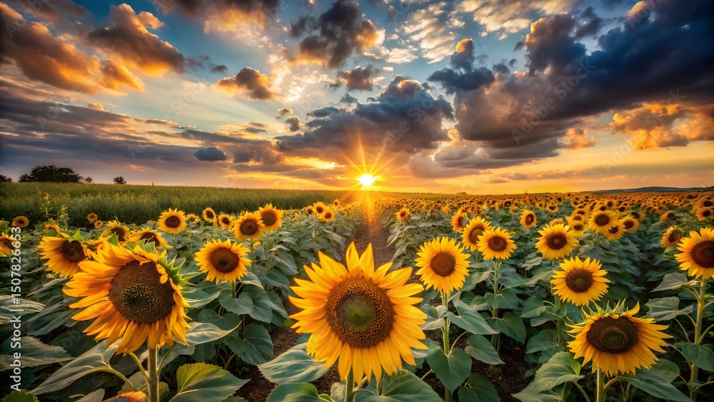 Fototapeta premium A sunflower field bathed in the warm glow of a sunset under a dramatic sky. 