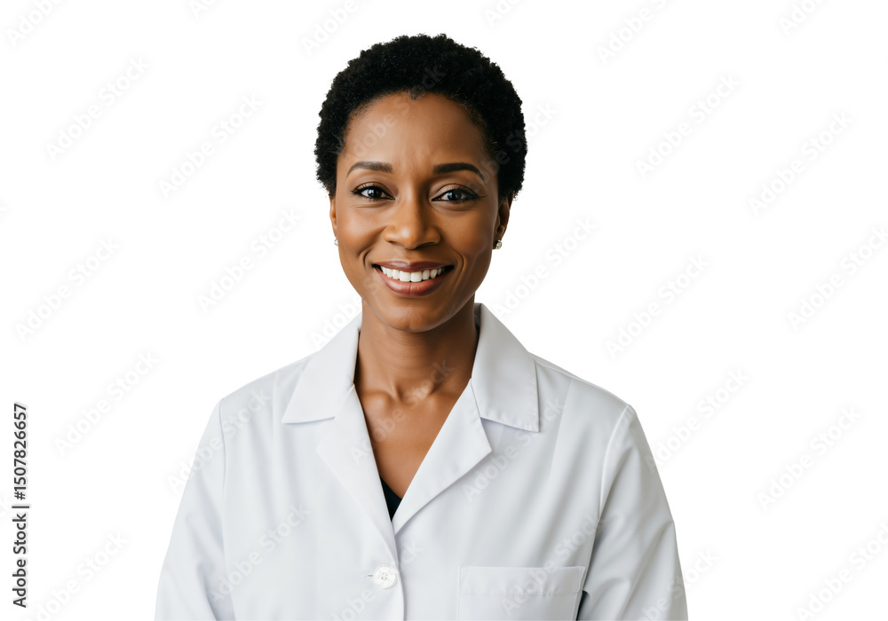 Portrait of a smiling adult African American female doctor in a white lab coat, looking directly at the camera. Healthcare professional, scientist, or researcher on an isolated transparent background.