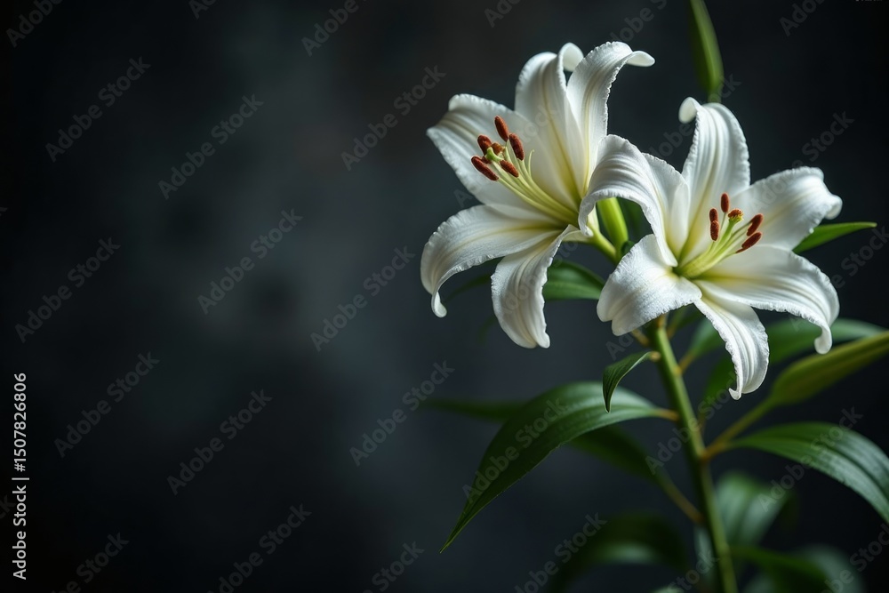Fototapeta premium Two elegant white lilies against a dark background.