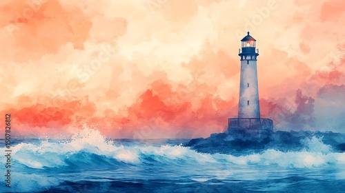 A lighthouse stands guard over a dramatic sunset sea.