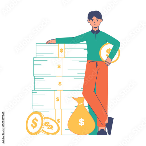 Successful rich man. Male character with money stack, financial well-being, men making, saving or investing money flat vector illustration. Financially successful male