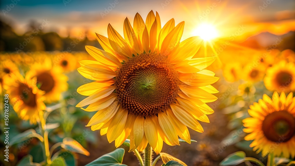 Fototapeta premium Close-up of a bright sunflower in a sunlit field under a blue sky. 