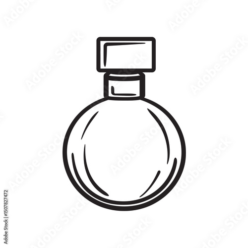 Simple sketched bottle exhibits bold circular body and rectangular stopper, set on transparent backdrop