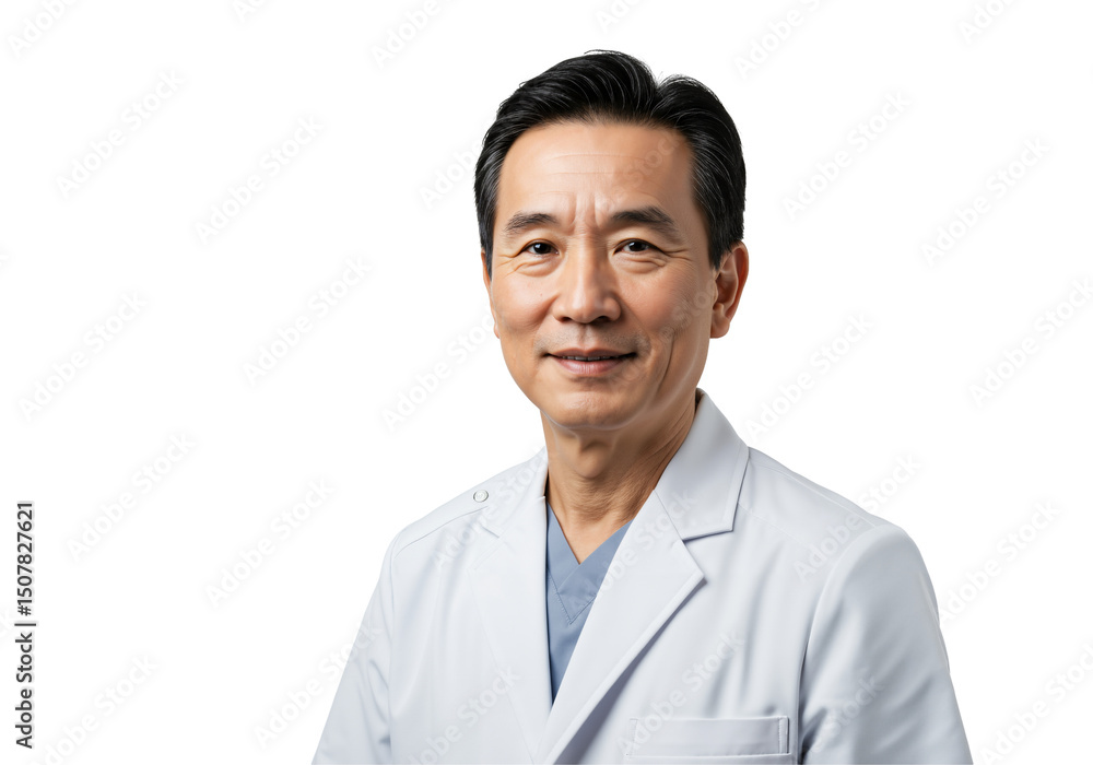 Portrait of a smiling middle-aged Asian male doctor in a white lab coat and scrubs, looking confidently at the camera. Healthcare professional isolated on transparent background. Portrait of a smiling middle-aged Asian male doctor in a white lab coat and scrubs, looking confidently at the camera. Healthcare professional isolated on transparent background.
