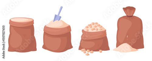 Sugarcane product bags. Granulated sugar textile sackcloth bags, agriculture sweet sugar package flat vector illustration set. Cartoon sugarcane production bags