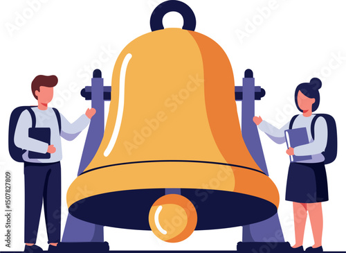 Large gold bell with two people ringing and interacting in flat vector illustration