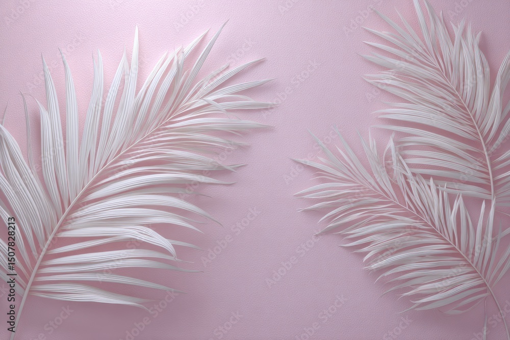 Stylish Pink Background With White Palm Leaves