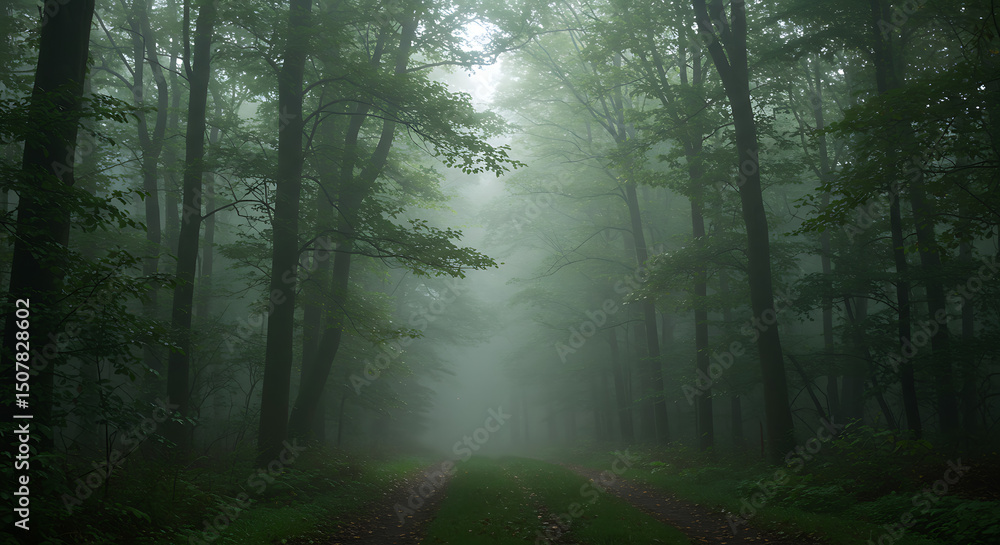 Naklejka premium Mysterious Foggy Forest Path Serene Nature Trail Lush Green Trees Misty Woodland Scene
