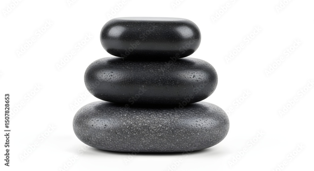 A stack of three perfectly smooth, dark grey basalt stones for hot stone massage, on a white background A stack of three perfectly smooth, dark grey basalt stones for hot stone massage, on a white background