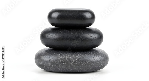 A stack of three perfectly smooth, dark grey basalt stones for hot stone massage, on a white background