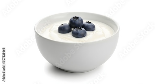 A small, white ceramic bowl filled with plain, unsweetened yogurt, topped with a few blueberries, on a pure white background