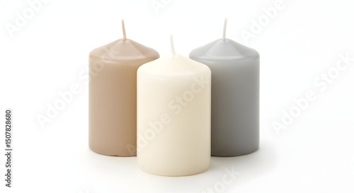 A set of three small, unlit pillar candles in varying heights, in calming neutral tones, on a stark white background