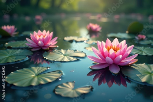 Water lilies form intricate floral pattern on calm lake surface, green, summer, plants