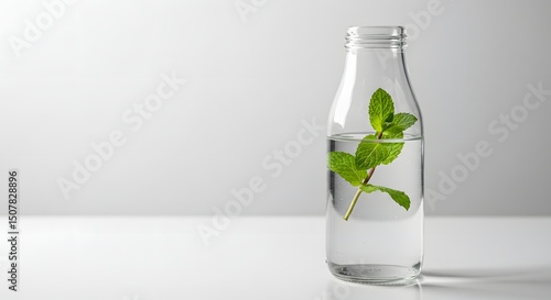 A clear glass bottle of refreshing cold water with green mint leaves and lemon on a white background