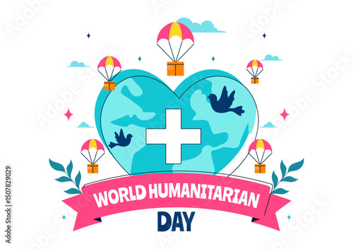 Vector Illustration for World Humanitarian Day Featuring Global Acts of Kindness, Charity, Volunteer Work, and Community Support in a Flat Background