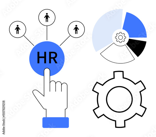 Hand points to HR button connected to people icons, pie chart with gear centerpiece, large gear symbol. Ideal for recruitment, teamwork, HR software, organization, employee management, workflow