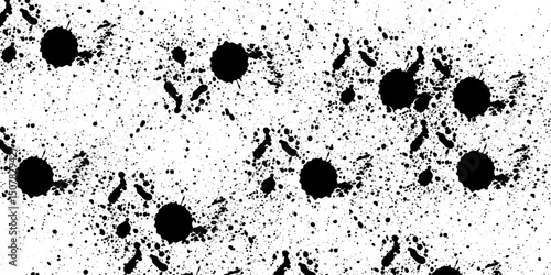 Paint splatter sprinkle seamless pattern with ink drops and dots. Black messy splashed ink backdrop. Monochromatic sprinkled watercolor dribble drizzle texture. Dirty spatter drops on white background