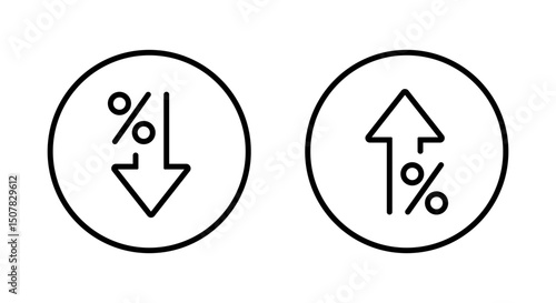 Percent down and up icon on circle line. Percentage downward and upward arrow sign. Decline and growth symbol