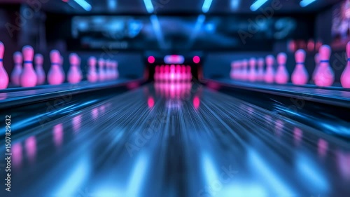 Vibrant bowling alley scene featuring dynamic neon light effects and bowling pins