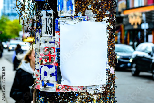 Wooden utility pole with blank white posted handbill surrounded by thousands of staples from previously posted handbills out of focus street scene in background vibrant boho vibe.