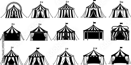 set of circus stage line art, black outline, vector and illustration, coloring book page line art drawing
