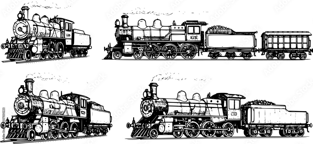 Obraz premium Set of Locomotive train silhouette, black and white silhouette, vector and illustration