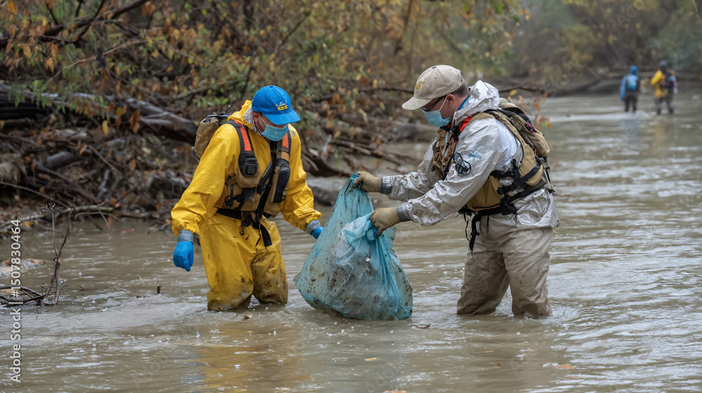 Naklejka premium Volunteers remove garbage from a polluted river.