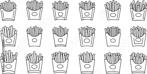 set of French fries line art, black outline, vector and illustration, coloring book page line art drawing
