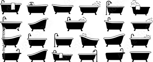 bathtub silhouette, black and white silhouette, vector and illustration
