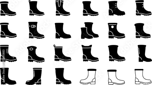 set of rubber boot doodle line art, black outline, vector and illustration, coloring book page line art drawing
