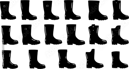 set of rubber boot doodle line art, black outline, vector and illustration, coloring book page line art drawing
