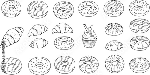 candy donuts line art, black outline, vector and illustration, coloring book page line art drawing
