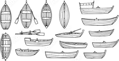 boat with paddle line art, black outline, vector and illustration, coloring book page line art drawing

