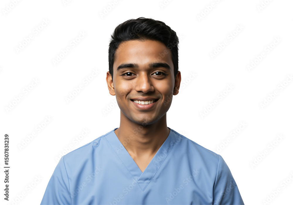 Portrait of a young Indian male doctor or medical student in blue scrubs, smiling confidently. Healthcare professional isolated on a transparent background. Portrait of a young Indian male doctor or medical student in blue scrubs, smiling confidently. Healthcare professional isolated on a transparent background.