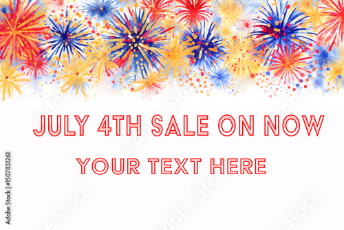 Painted red white blue and gold Fireworks for Fourth of July, Independence Day, New Years, sales flyers, party invitation, summer barbeque invite with copy space