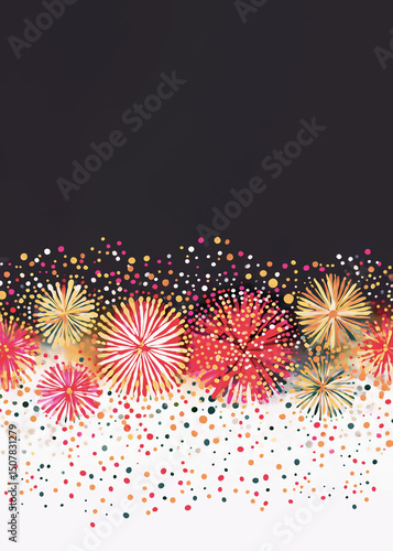 Red gold watercolor styke fireworks. Fourth of July, Independence Day, New Years 2026, flyer, invitation, social media banner. Dark sky negative space for text.