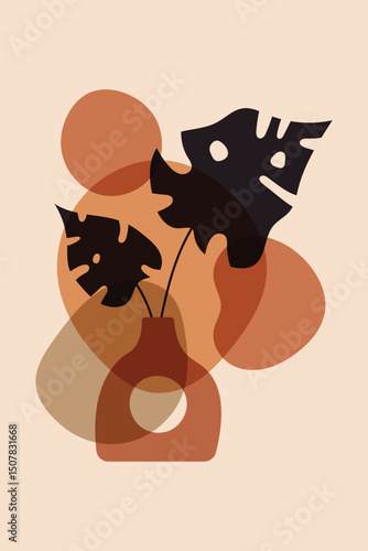 Boho Botanical Wall Art. Minimalist Leaf Silhouettes with Terracotta Vases. Contemporary poster set of potted flowers boho style. Modern aesthetic Illustration	