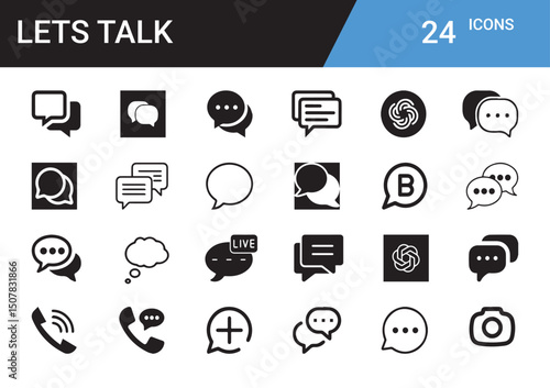 Modern Iconography: A modern collection of 24 sleek, monochromatic icons representing diverse forms of communication and engagement, perfect for digital platforms and user interfaces.