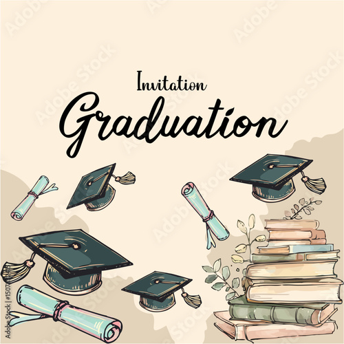 Background Invitation template for graduation toga hat pattern