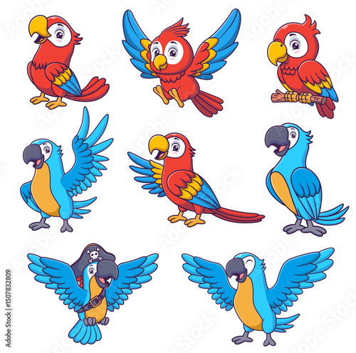 Eight cartoon parrots in different poses suitable for childrens books, educational materials, naturethemed designs, or tropical themed projects.