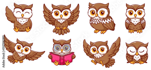Eight cartoon owls displaying various poses and expressions, perfect for childrens books, illustrations, patterns, and stationery designs.