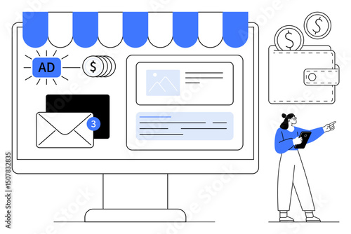 Desktop screen with online shop banner, ad button, email alert, wallet, and marketer. Ideal for advertising, online shopping, e-commerce, digital marketing communication fintech simple landing