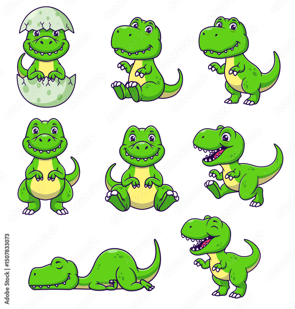 Obraz premium Eight cartoon dinosaurs in various poses, perfect for children's book illustrations, educational materials, and playful designs. Perfect for kid friendly projects.