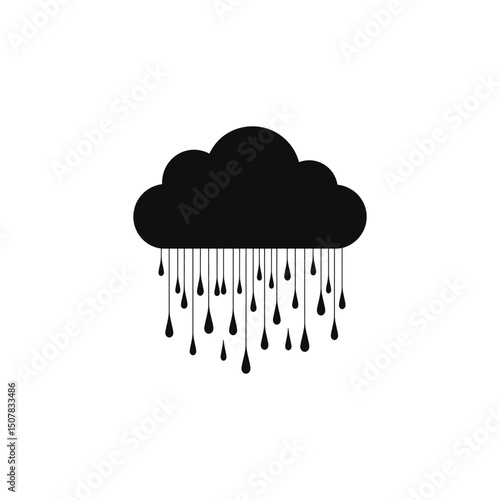 Black Silhouette Cloud Icon with Dripping Raindrops on Transparent Background