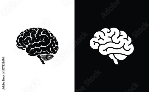 Brain Anatomy Silhouette, Isolated Human Brain on White and Black Background