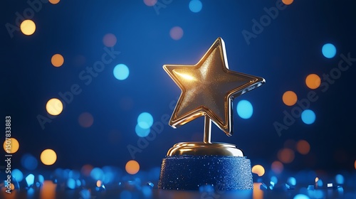 Gold star award trophy on a dark blue background.