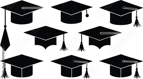 Graduation Caps A Collection of  Silhouette Icons for Education and Achievement