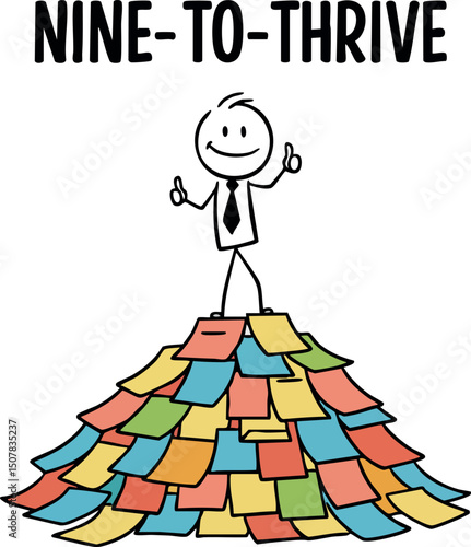 Stick Figure Standing on Pile of Colorful Papers with Nine-to-Thrive Motivation Message